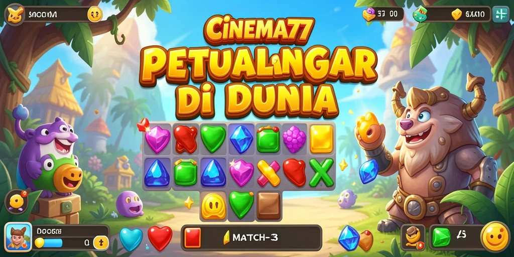 Screenshot menunjukkan gameplay seru di CINEMA77 dengan elemen Match-3 yang berwarna-warni.