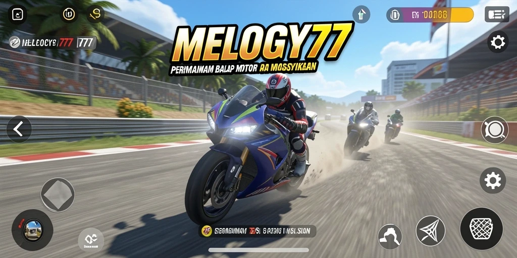 Tangkapan layar utama MELODY77 menunjukkan aksi balap motor yang mendebarkan.